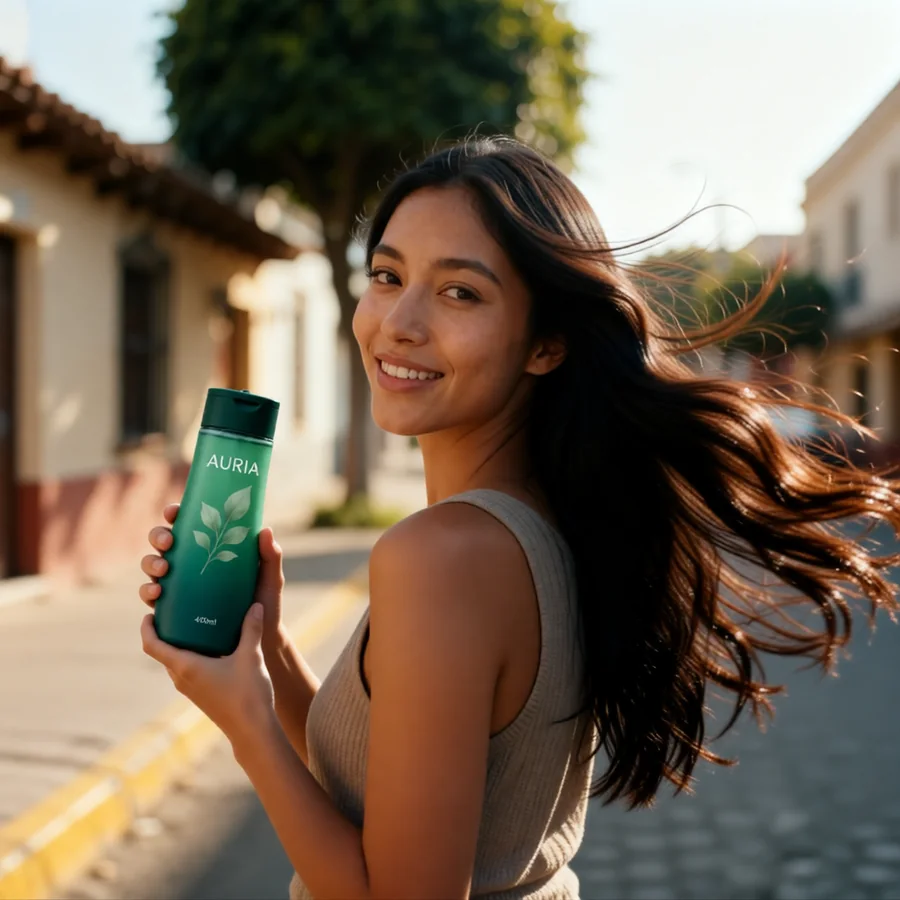 Frame de comercial: consumidora con el producto en escena de calle