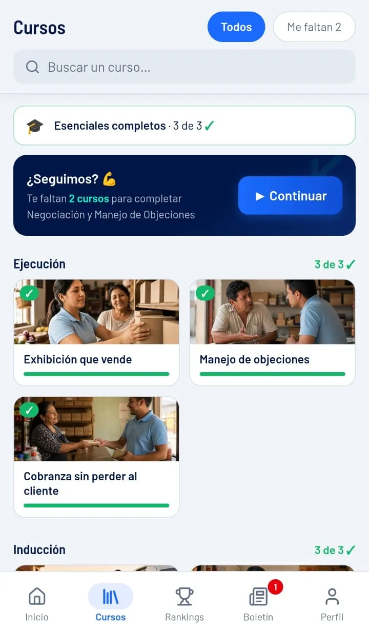 Listado de cursos cortos de Kapaz en el celular, con su duración y su avance