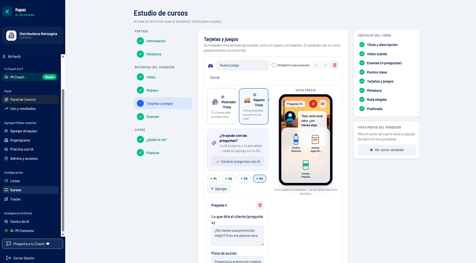 Estudio de cursos de Kapaz: armado de un curso con video, tarjetas, juegos y examen final, con vista previa en vivo