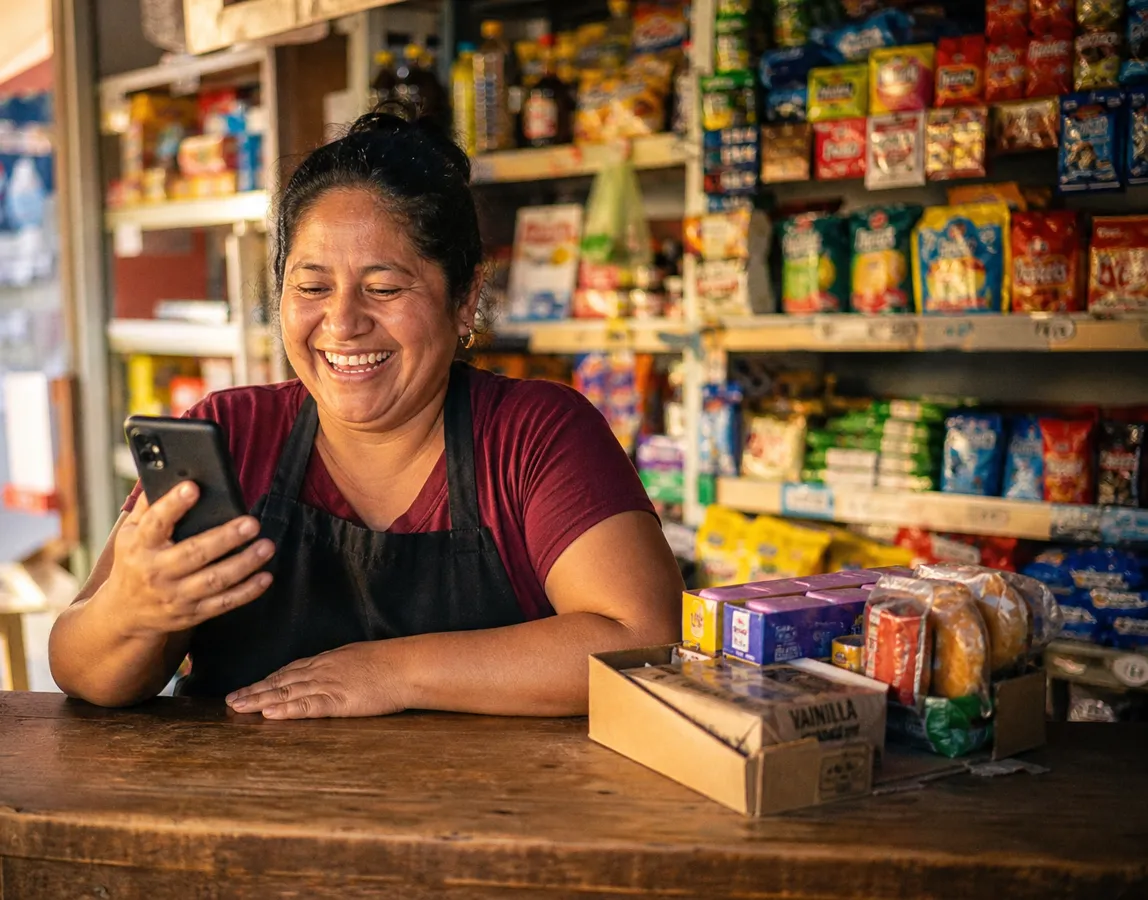 Bodeguera revisando un premio en su celular